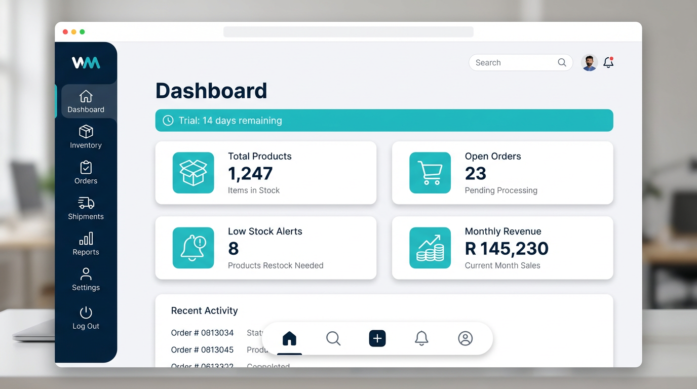 StockDog real-time inventory dashboard showing stock levels, recent activity, and warehouse overview
