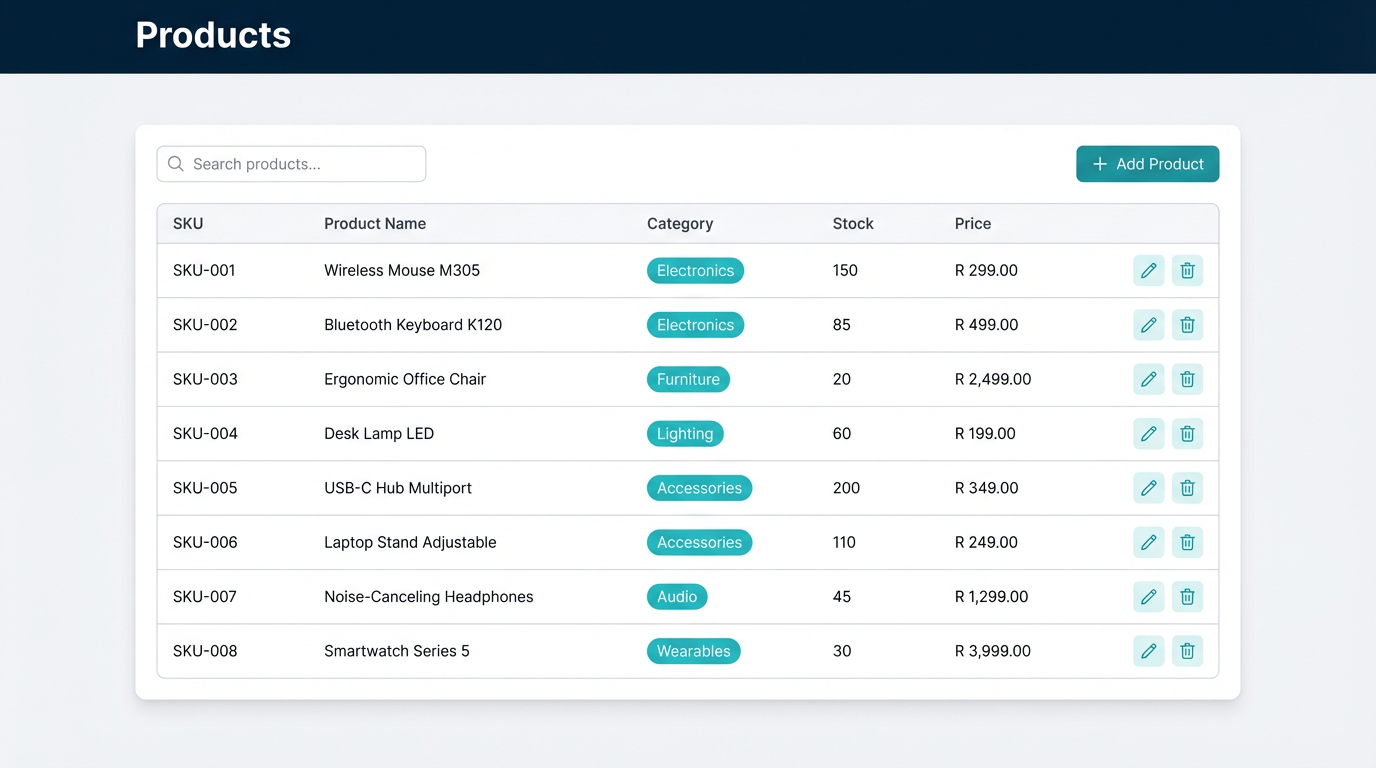 StockDog product inventory list with search, filtering, and stock level indicators